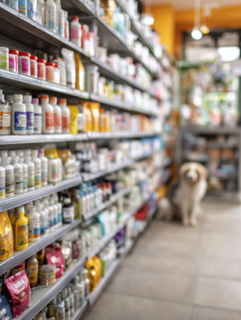 Veterinary medication shelves display an array of products behind a pet food counter, with parts of the setting softly blurred and a dog visible on the right.の素材