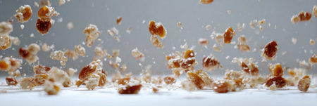 Treats fall in slow motion towards the camera, creating a stunning visual against a simple white backdrop that captures attention.の素材