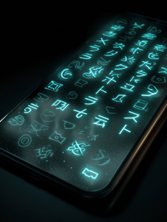 A translator app shines brightly in darkness, showing a variety of symbols above it while the surrounding area remains clean and simple.の素材