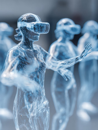 Participants interact through personalized avatars in a virtual reality meeting space, showcasing gestures and digital backgrounds for collaboration.の素材