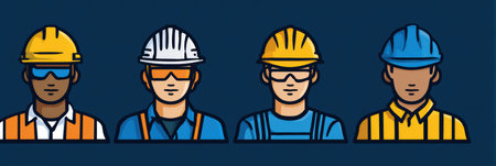 Group of diverse workers wearing helmets and safety gear focus on their tasks, illustrating commitment to safety and teamwork in an industrial area.の素材