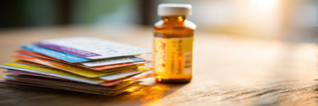 A collection of health insurance cards is positioned next to a cough syrup bottle on a wooden table, illuminated by warm afternoon sunlight.の素材