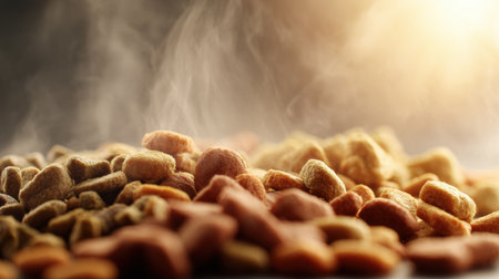 Freshly prepared pet food emits steam in a clear display, creating an inviting look that highlights the various textures and shapes of the kibble.の素材