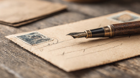A stylish pen rests above a blank space on a vintage postcard, surrounded by warm tones and a rustic atmosphere, ready for personal messages and memories.の素材