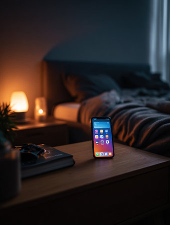 A smartphone illuminates the nightstand in a dimly lit bedroom, creating a warm and inviting atmosphere while a soft blanket is draped over the bed.の素材