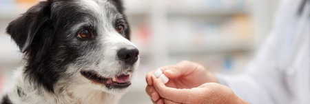 A veterinarian hands over pet medications to an attentive owner in a tidy pharmacy environment. The focus is on the caring interaction during a routine visit.の素材