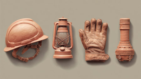 Clay-style safety gear set with a helmet, gloves, and flashlight, ideal for outdoor activities and construction work.の素材