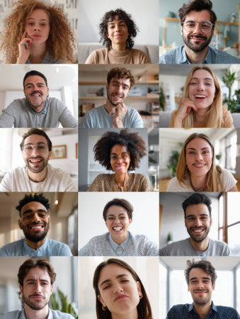 Participants display a variety of facial expressions during an online meeting, showing diverse emotions and reactions against a modern digital backdrop.の素材