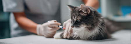 A technician carefully collects blood from a cats leg in a gentle setting, ensuring the animal remains calm and relaxed during the procedure.の素材