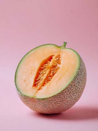 A vibrant cut cantaloupe sits against a clean pastel background, showing its juicy orange flesh and inviting texture with seeds visibly nestled inside.の素材