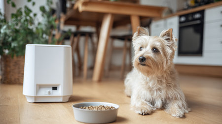 A small breed dog waits expectantly beside a smart automatic food dispenser in a modern kitchen, hoping for its meal on a sunny day.の素材