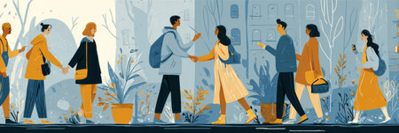 People interact through gestures, offering help to each other in a tidy urban environment. The atmosphere is friendly and supportive among strangers.の素材