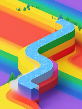 A vibrant rainbow path curves through a stylized landscape, bordered by lush trees and accompanied by a flowing stream, creating a peaceful atmosphere.の素材