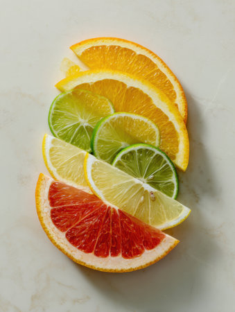 Colorful slices of citrus fruits are arranged in a semi-circle, showing a variety of shapes and fresh colors, perfect for enhancing any culinary setting.の素材