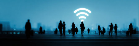 A vibrant Wi-Fi signal expands between people silhouettes in a bustling urban landscape, capturing a moment of connection and technology during twilight.の素材