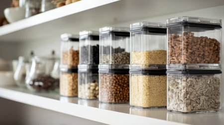 Sleek kitchen with an uncluttered shelf displays an assortment of neatly organized cat food containers in transparent jars.の素材