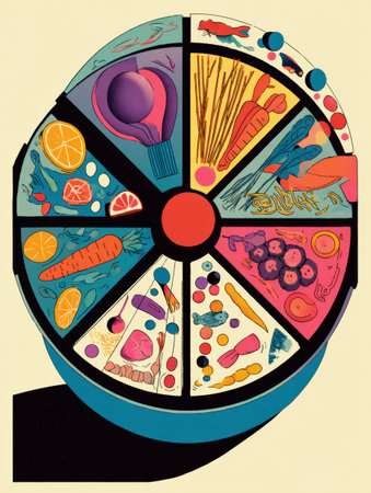A vibrant rotating food bowl wheel displays a variety of nutrients and healthy ingredients, emphasizing balanced nutrition for well-being.の素材