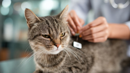 A vet tech is carefully applying flea medication to a cats neck in a veterinary clinic environment, ensuring the cats safety and comfort.の素材