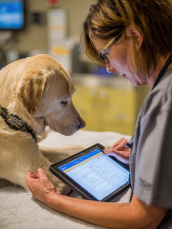 Veterinarian focuses on entering exam data on a tablet beside a Labrador retriever at a veterinary clinic, ensuring proper care during the visit.の素材