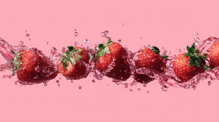 A series of strawberries seamlessly transforming into juice with dynamic splashes, featuring a clean top layout and a vibrant pink background for contrast.の素材