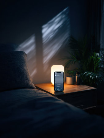 A social media app glows softly on a nightstand, casting shadows and enhancing the serene atmosphere of a dimly lit bedroom.の素材