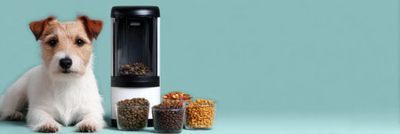 Small breed dog patiently waits by a smart automatic food dispenser, eager for its meal from an assortment of pet food in nearby bowls.の素材