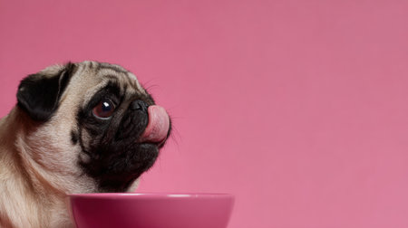 Pug enthusiastically licks a bowl against a soft pink minimalist background, showing its playful nature and curiosity in a clean, simple setting.の素材