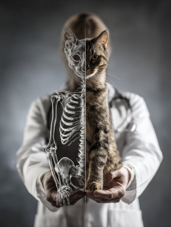 A vet demonstrates human and cat anatomy side by side, highlighting their similarities in a clinical background during an educational session.の素材