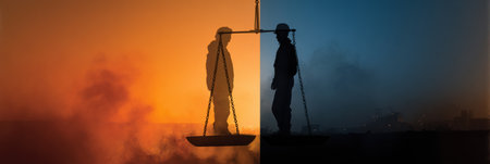 Visual representation of a worker balancing safety and freedom amidst a smoky backdrop, highlighting the essence of safety month activities and themes.の素材