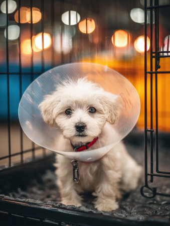 A small puppy wearing a medical cone is sitting calmly in a cozy vet cage, surrounded by soft light. The atmosphere is warm and comforting.の素材