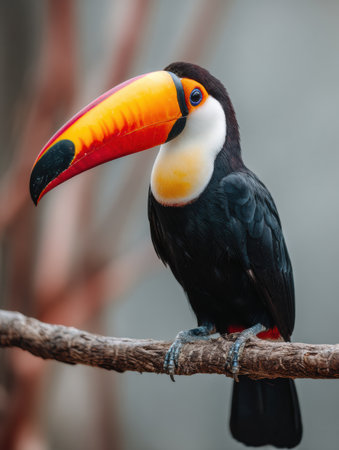 A toco toucan perches elegantly on a branch, displaying its colorful beak and feathers against a soft, blurred background.の素材