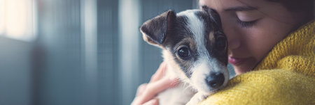 Pet owner holds a small dog close while feeling stressed at a clinic, the soft light highlighting their emotional connection during a challenging moment.の素材