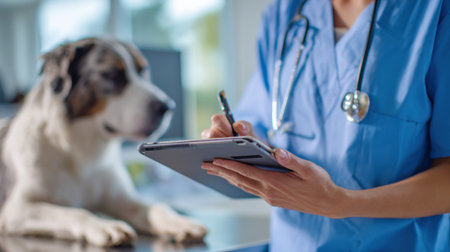 Vet checks and records important health data on tablet beside an attentive dog at the veterinary clinic during a routine examination.の素材