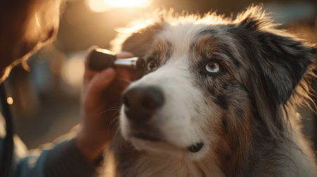 Vet focuses on examining dogs eyes using a tool against a backdrop of warm ambient light, emphasizing the care provided during the checkup session.の素材