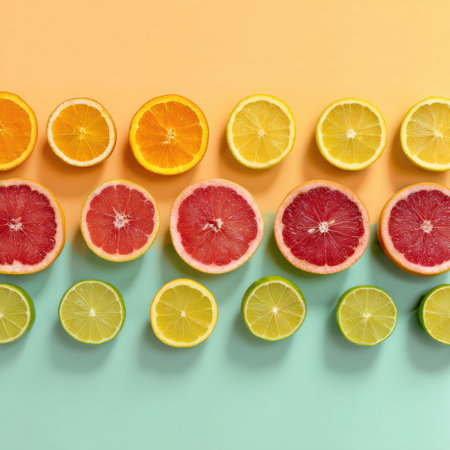 Vibrant citrus fruits arranged in a geometric pattern stand out against a soft pastel background for a refreshing aesthetic.の素材