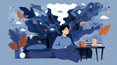 A person rests peacefully, surrounded by serene thoughts, calming visuals, and natural elements in a tranquil bedroom atmosphere.の素材