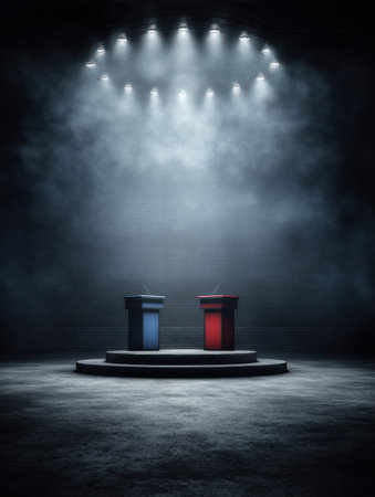 Spotlight reveals two empty podiums in a dimly lit space, building anticipation for upcoming political debates.の素材
