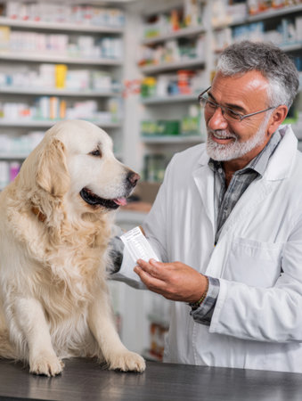 A veterinarian hands over pet medication to a dog owner while their golden retriever looks on, set in a tidy pharmacy with shelves of products.の素材