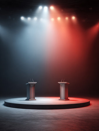 Spotlights illuminate a debate stage with two podiums set against a wide empty background, ready for an engaging political discussion to commence.の素材