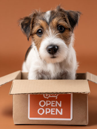 Puppy sits inside a cardboard food delivery box with an open banner, showcasing curiosity in a warm, inviting background.の素材