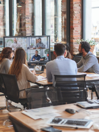 Team members engage in a video call, discussing projects and ideas in a contemporary office setting characterized by brick walls and natural light.の素材