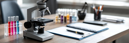 Clean veterinary lab features a microscope on the desk, surrounded by colorful test samples, a notebook, and office supplies, ready for scientific tasks.の素材