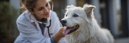 A veterinary professional uses a stethoscope to check a dogs heart in a well-lit environment, demonstrating attentive care and love for the pet.の素材
