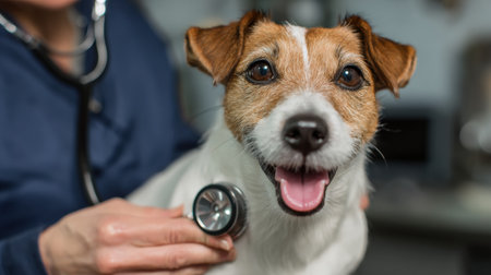 Veterinarian checks joyful dog with stethoscope while providing care at a clean veterinary clinic on a sunny day, ensuring the dogs health and happiness.の素材
