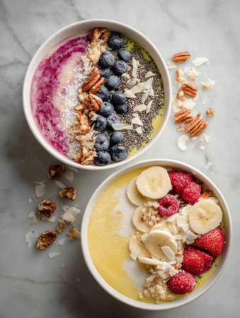 Two vibrant smoothie bowls filled with fruits and toppings are presented on a marble countertop, perfect for a nutritious breakfast or snack choice.の素材