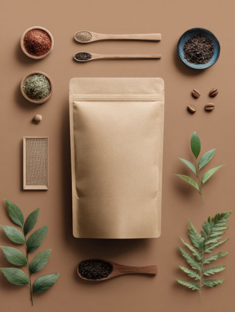 Stylish packaging pouch displayed on a solid surface, surrounded by natural elements like leaves and spices, creating a clean and modern aesthetic for branding.の素材