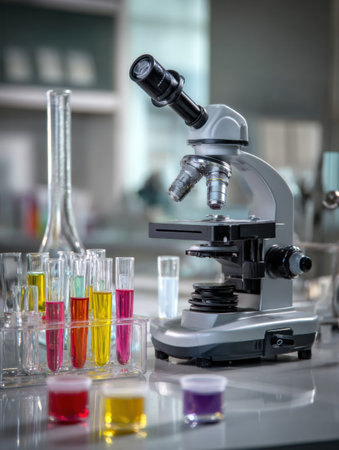 Microscope positioned on a clear desk surrounded by colorful test samples in various containers, showcasing a well-organized veterinary lab environment.の素材