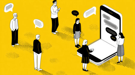 Several characters interact using a voice messaging app, capturing the modern way of communication against a vibrant yellow background.の素材