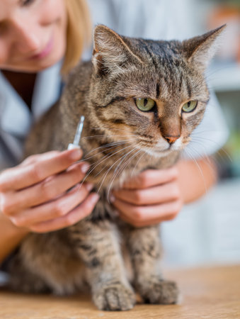 A vet tech gently applies flea medication to a cats neck while ensuring the animal remains calm and comfortable, demonstrating attentive care in a clinic.の素材