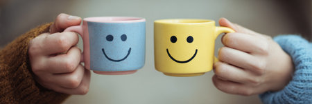 Two hands grip cheerful cups adorned with smiley faces, embodying the joy of friendly chats during a cozy moment illuminated by soft light.の素材